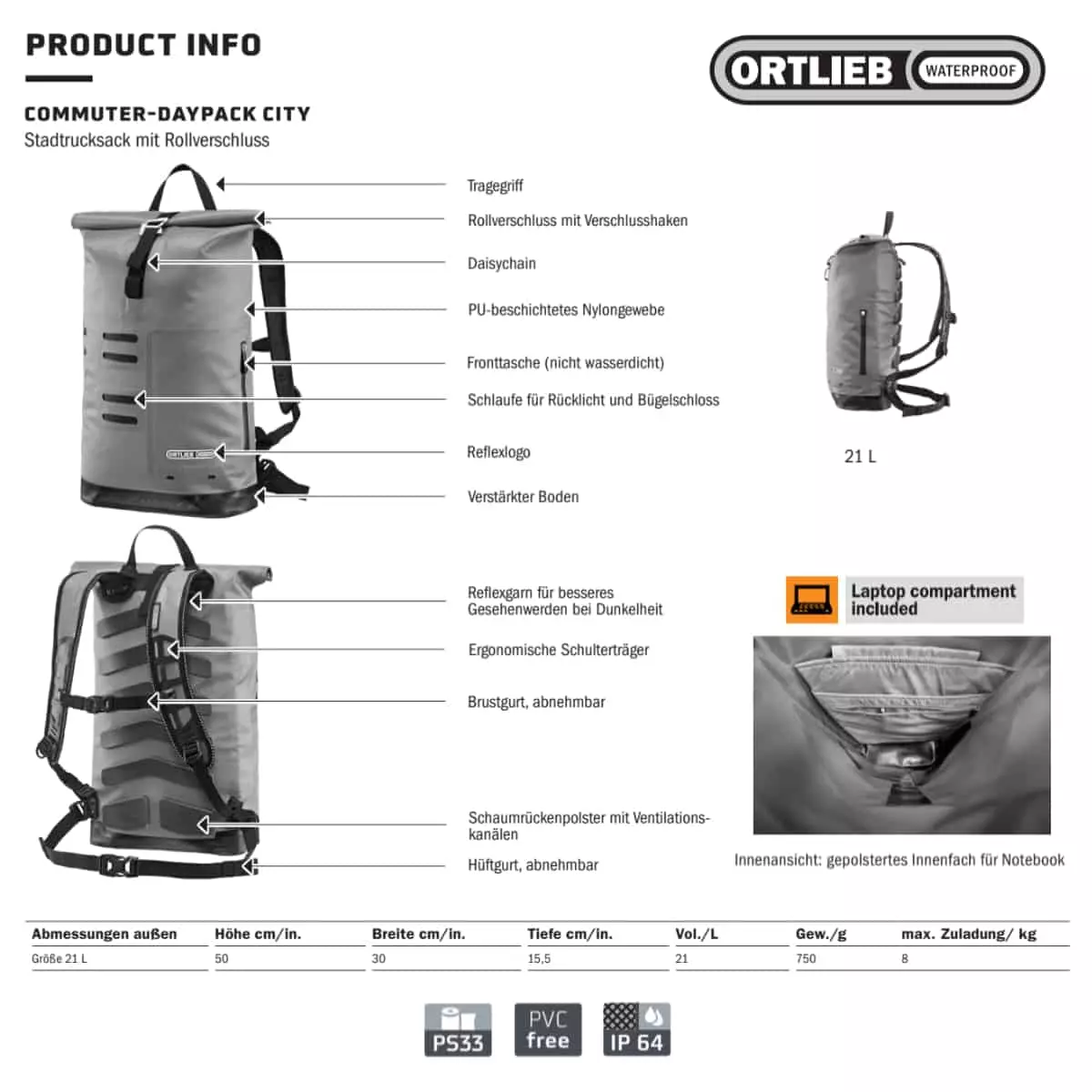 Ortlieb Commuter-Daypack City Freizeit-Rucksack (21 L) 8 Ortlieb Commuter-Daypack City Freizeit-Rucksack (21 L) – Bild 6